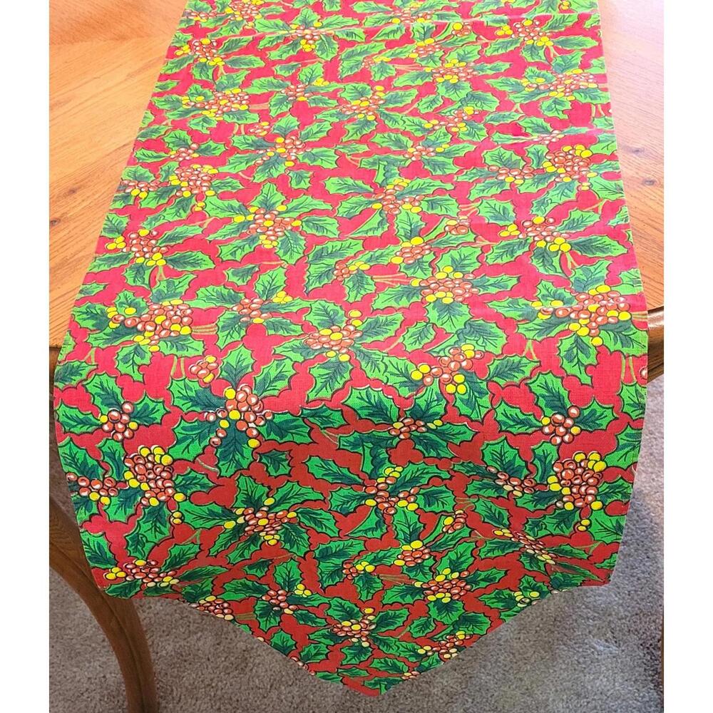 Handmade Red Christmas Table Runner - Holly and Berries | Festive Holiday Decor
